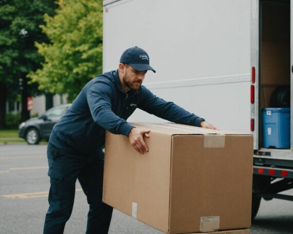 Professional mover handling a fragile item with a moving truck in the background, emphasizing special moving services.