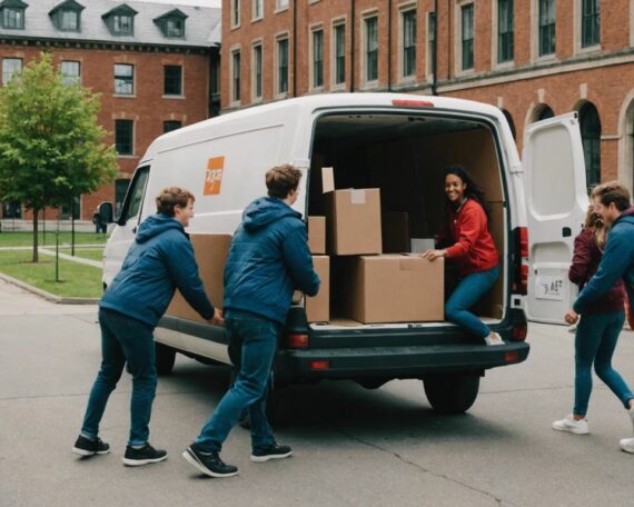 Students moving boxes and furniture into a van in front of a university building.