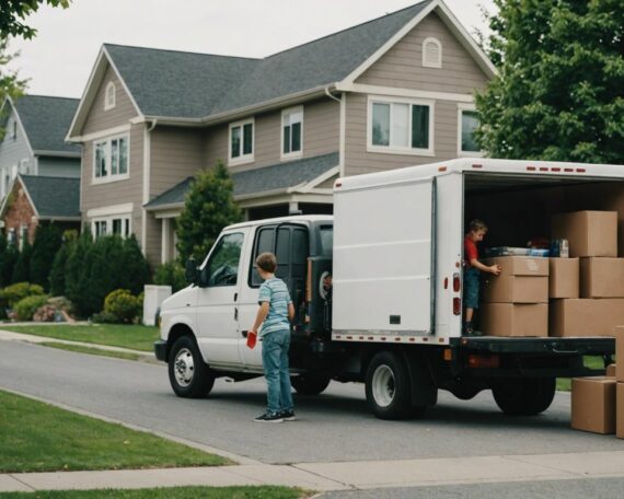 Family loading boxes into a moving truck in a suburban neighborhood.