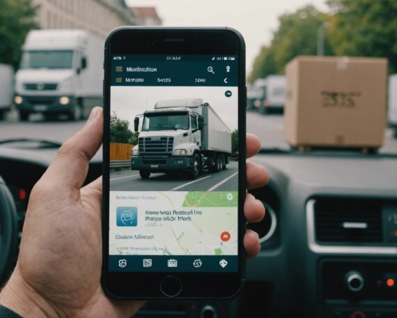 Smartphone showing moving app interface with truck, boxes, and map icons in the background.