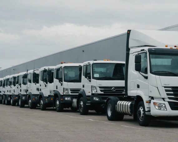 Fleet of modern moving trucks parked in front of a warehouse for commercial moving services.