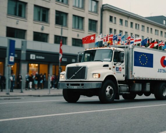 Moving truck with international flags, representing tips for finding the right transporter for international moves.