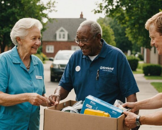 Friendly moving company employee helping elderly couple with their move, representing care and professionalism in senior relocations.