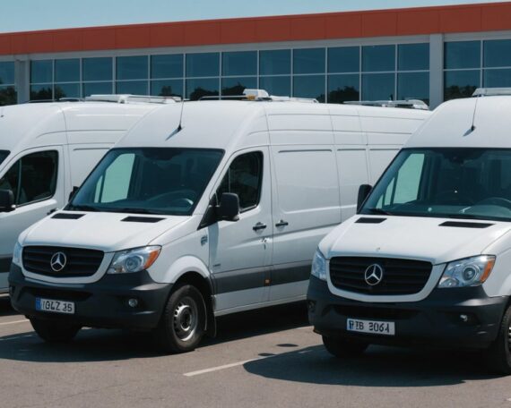 Fleet of modern transport vans in front of a rental service center, showcasing top providers for van rentals.