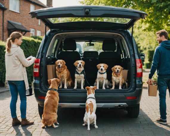 Family loading a transporter with pets, ensuring their comfort and safety during the move.