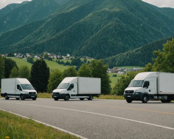 Modern moving trucks of various sizes parked in a scenic area, ideal for regional relocations.