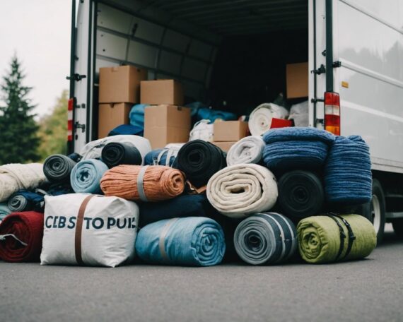 Moving truck surrounded by essential accessories like straps, dollies, and blankets for a well-prepared move.