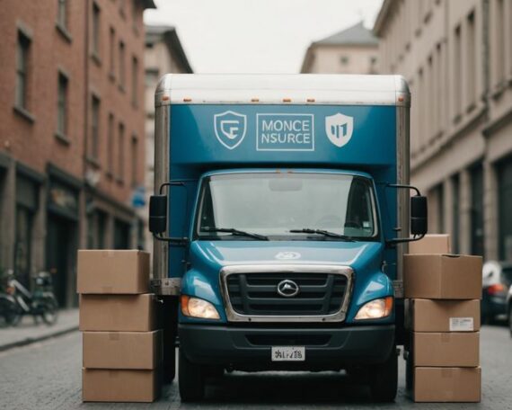 Moving truck with boxes and insurance shield icon