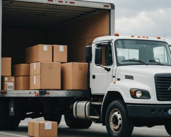 Rental truck loaded with boxes and secured cargo items.