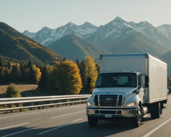 Moving truck on highway with mountains, sunny day.