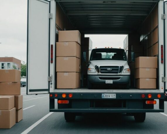 Safety gear and boxes near a moving truck