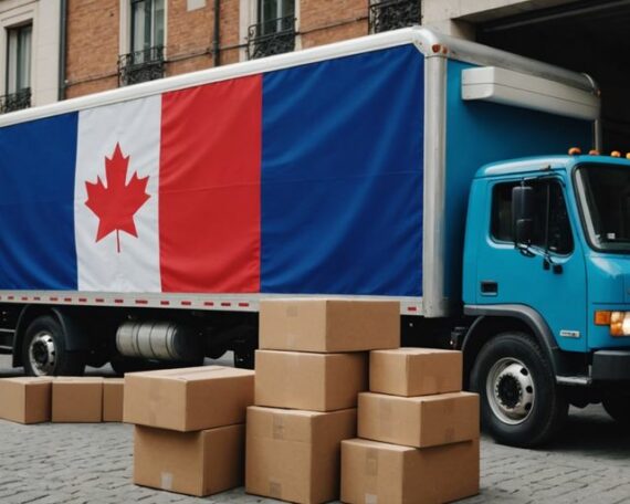 Moving truck with flags and boxes for international move